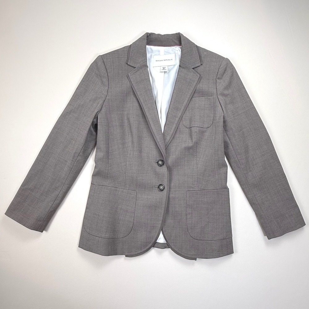 Banana Republic Gray Stretch Petite Blazer 8P Two Button Office Dark Academia